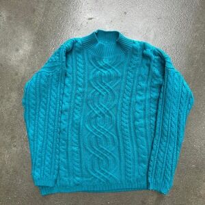 Vintage 90s Teal Blue Cable Knit Cotton Long Sleeve Pullover Men's XL Sweater